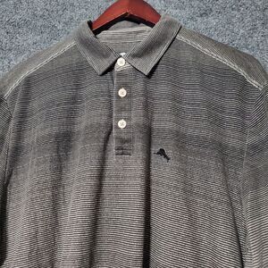 Tommy Bahama Polo Shirt Mens Size XL Black Grey Textured Striped Hawaiian Golf